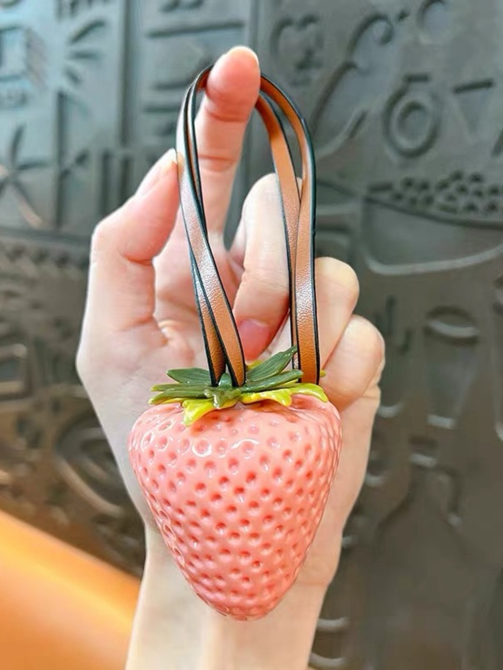 Strawberry Charm Leather Wristlet Keychain - Pink
